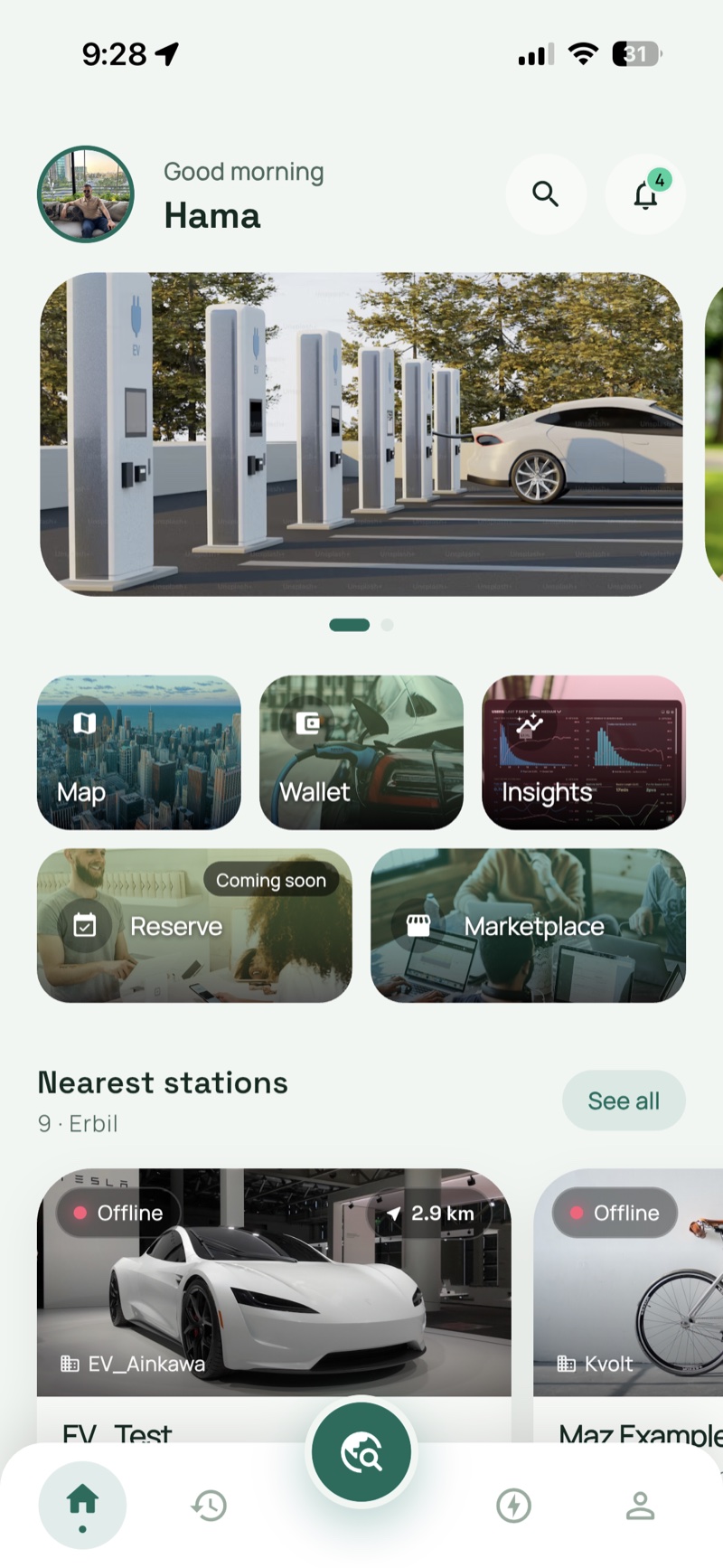 KVolt app — nearest stations and quick actions